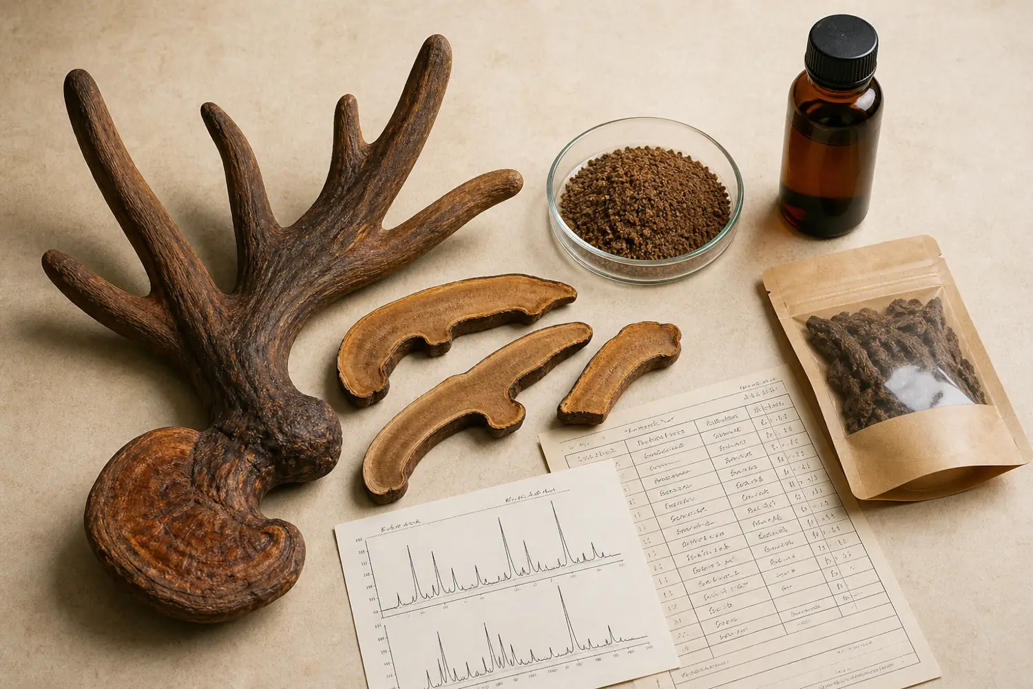 Dried antler, slices, powder, extract, retained sample, and analytical record