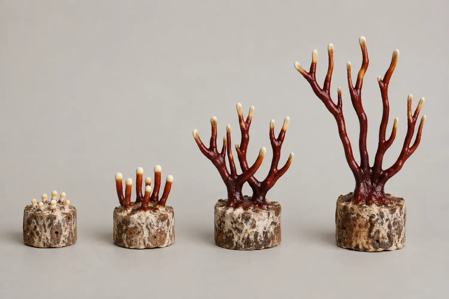 Four antler reishi stages from primordia through mature branched fruit bodies