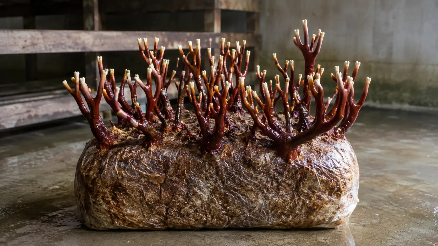 Antler-form reishi branching from a colonized hardwood block