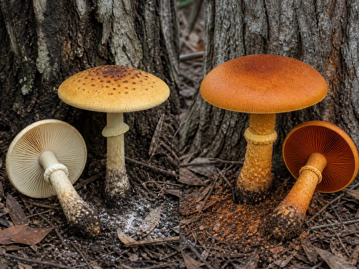 Australian honey fungus beside big laughing gym with both undersides visible