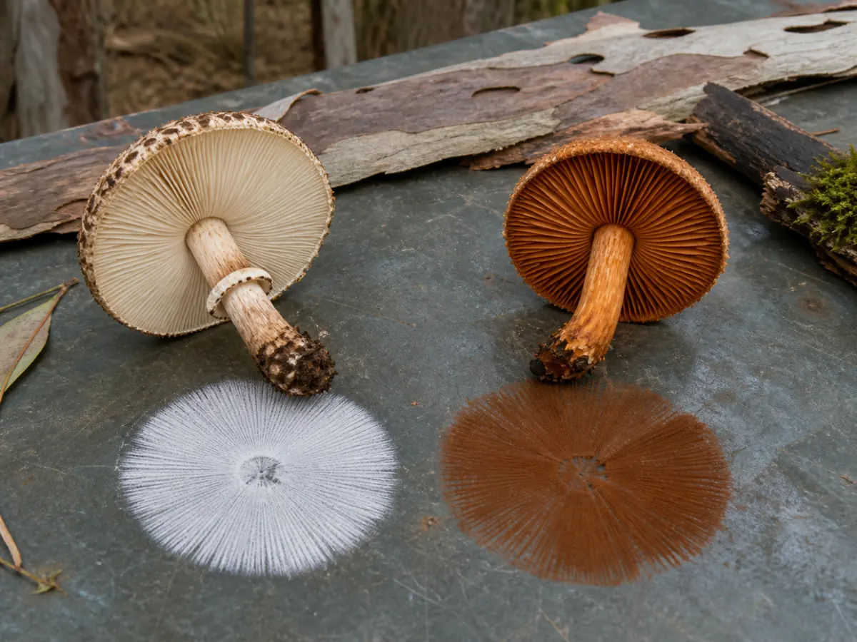 White Armillaria spore deposit compared with a rusty-spored wood-growing lookalike