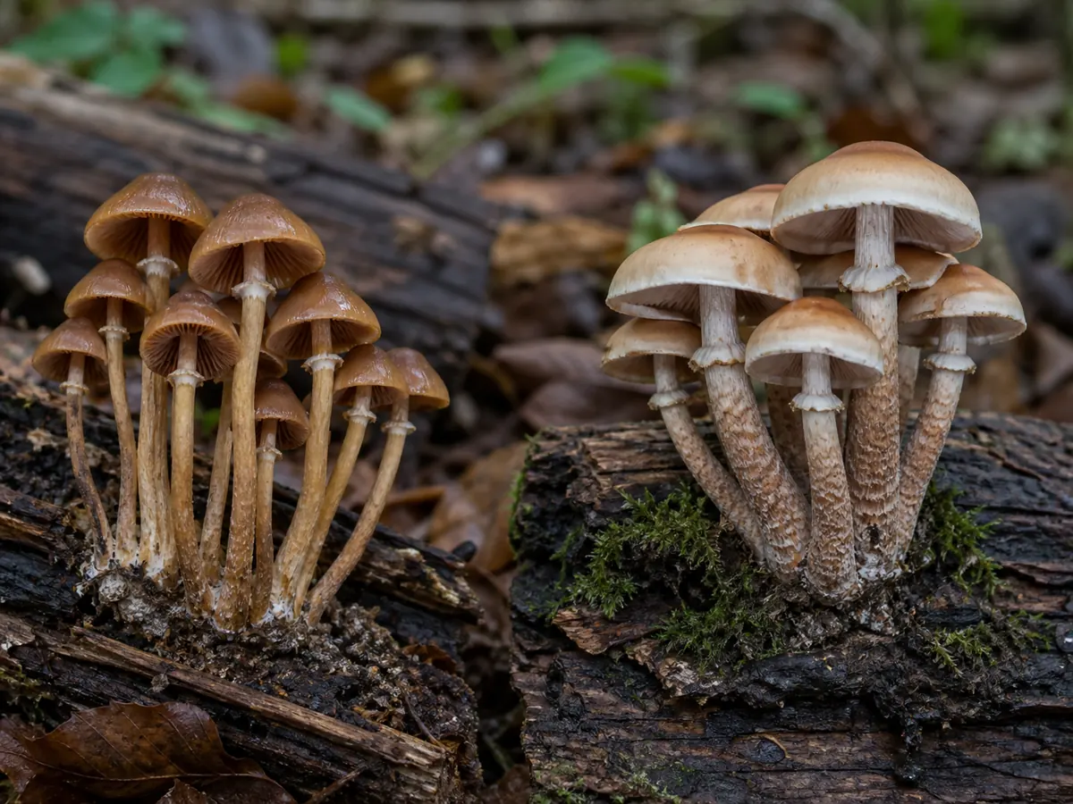 Autumn skullcap and sheathed woodtuft clusters shown with caps, gills, rings, and full lower stems