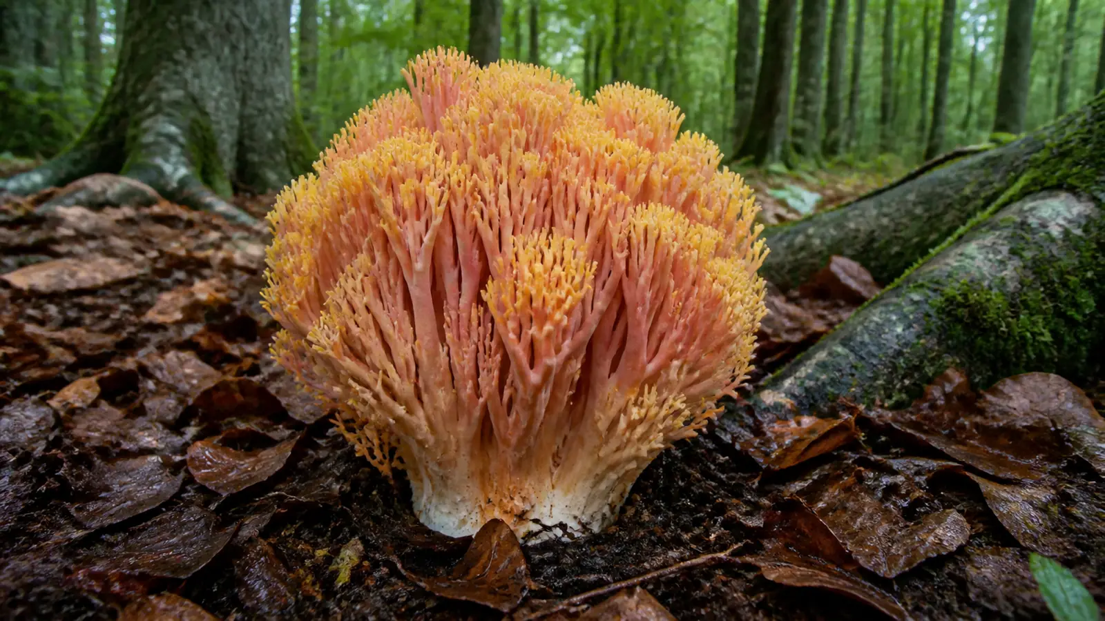 Beautiful clavaria coral fungus with a pale base, salmon-pink branches, and lemon-yellow forked tips in beech litter
