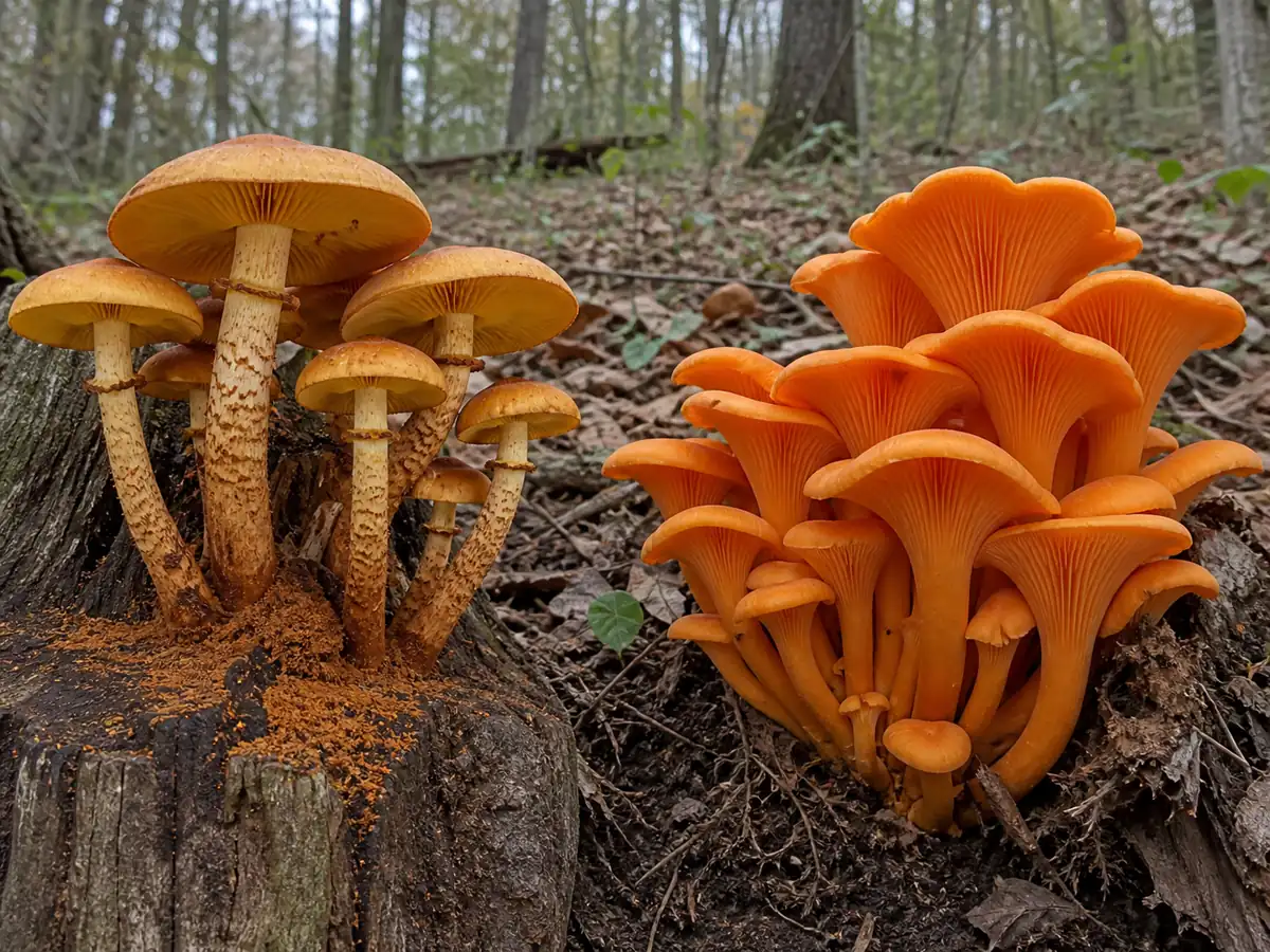 Big laughing gym beside jack-o-lantern mushrooms