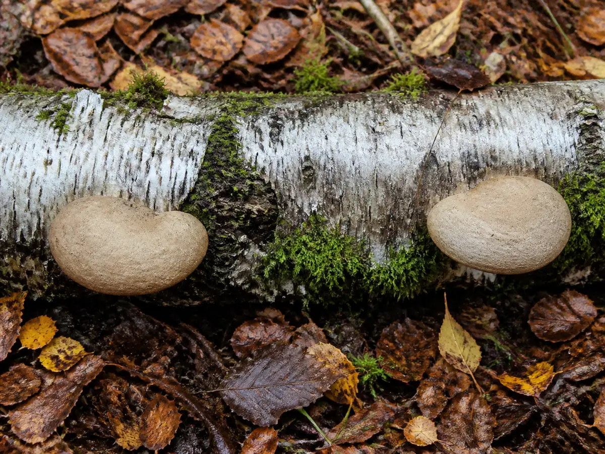 Separate birch polypore brackets on a fallen birch trunk in autumn woodland