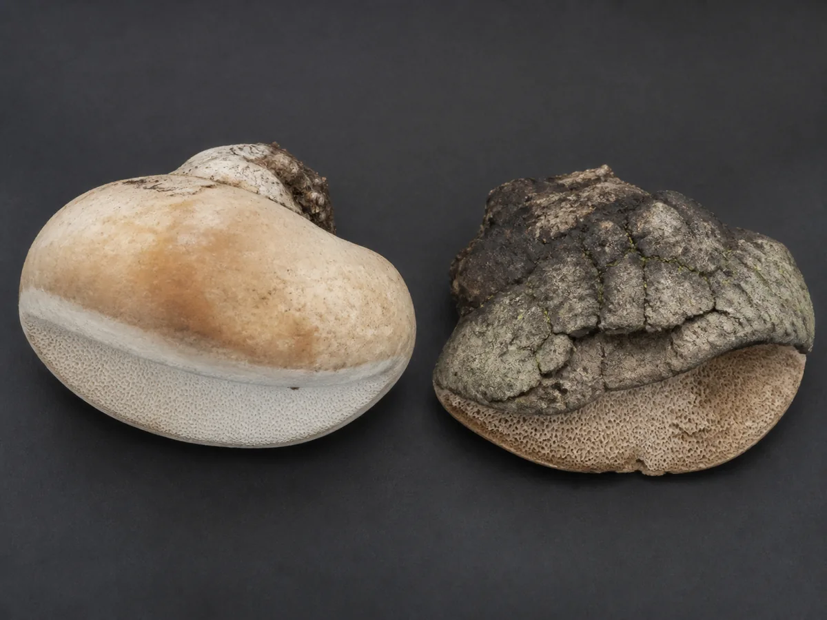 Fresh and weathered birch polypore brackets compared side by side