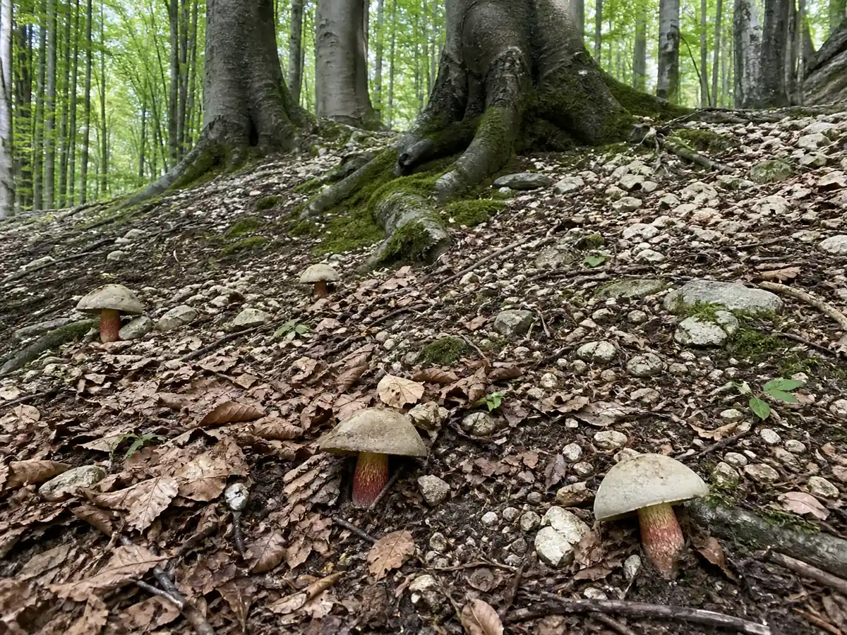 Bitter beech boletes scattered across a rocky beech woodland slope