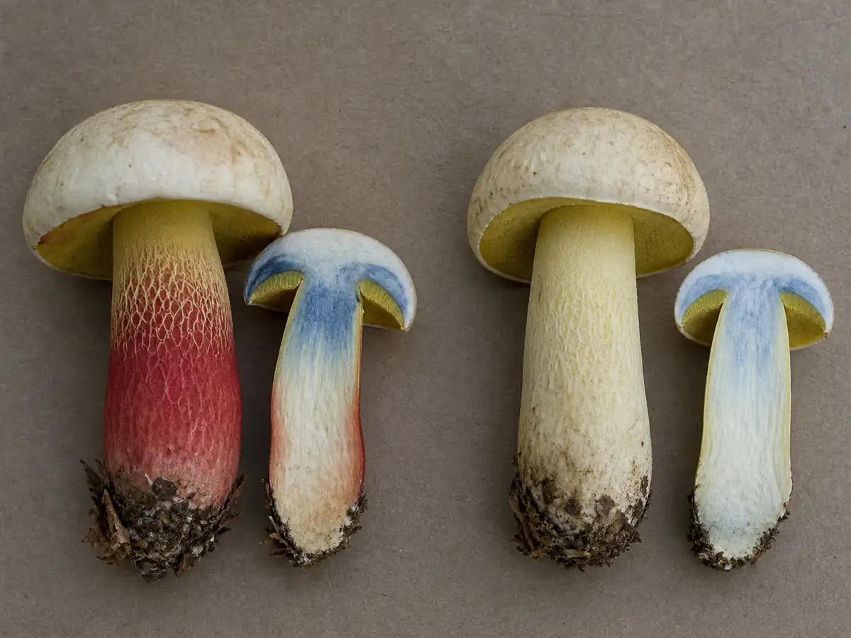 Bitter beech bolete beside the paler-stemmed Caloboletus radicans