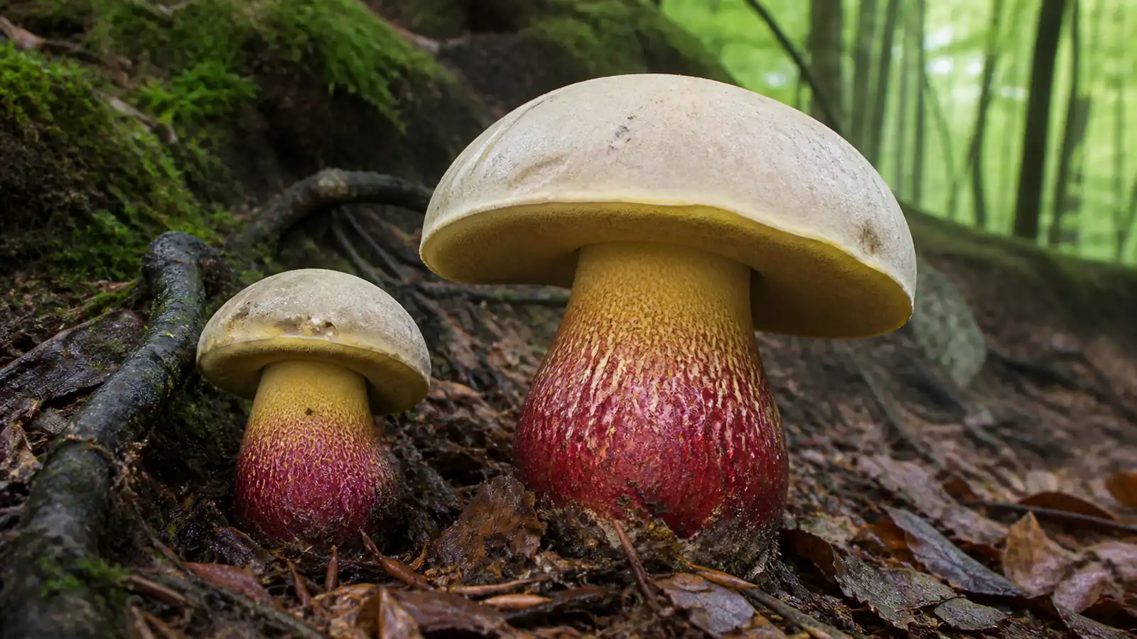 Bitter beech bolete with a pale cap, yellow pores, and a red netted stem on woodland soil
