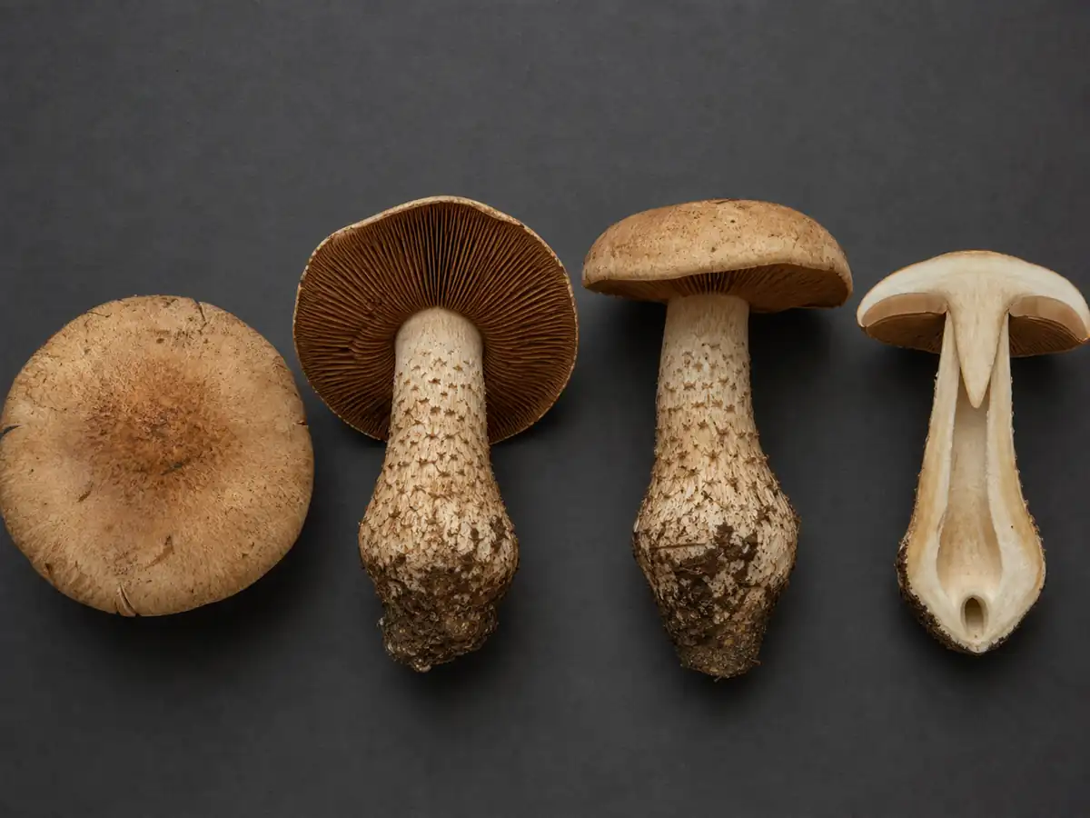 Cap, cinnamon gills, coarse ringless stem, and cut bitter poisonpie