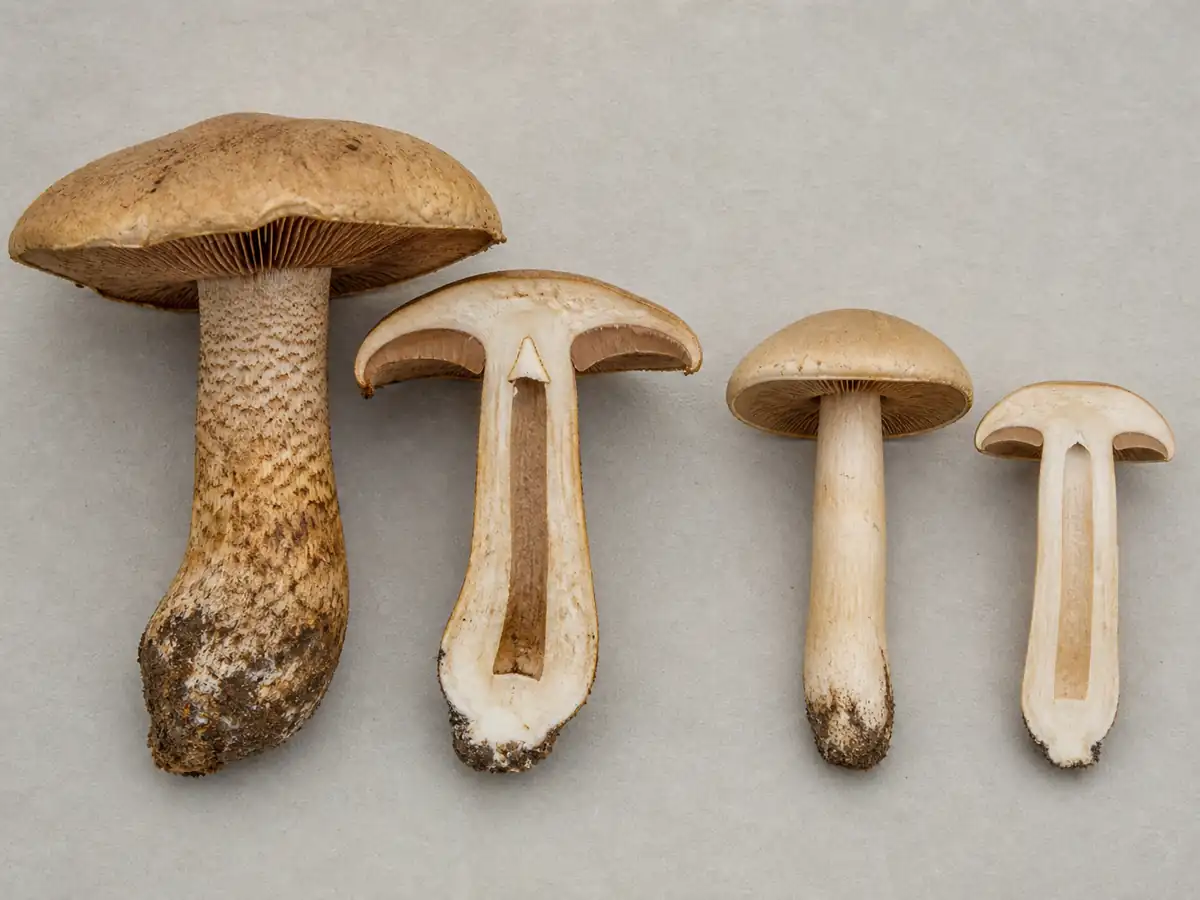 Bitter poisonpie compared with similar brown-spored woodland mushrooms