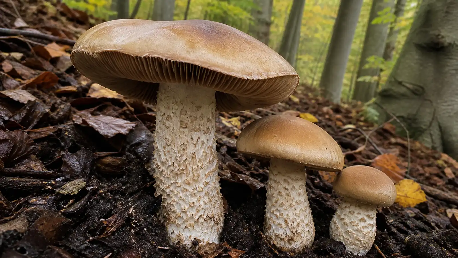 Large clay-brown bitter poisonpie with crowded brown gills and a coarse-scaled pale stem beneath beech