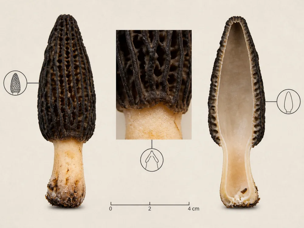 Eastern black morel cap ridges, shallow attachment groove, and hollow interior