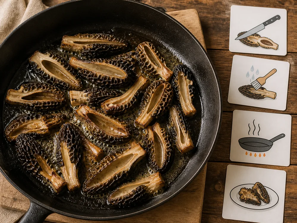 Lengthwise-halved true morels heating in a skillet