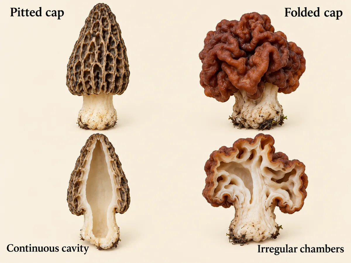 Pitted morel and folded false-morel exterior and cut interior shown without edibility symbols