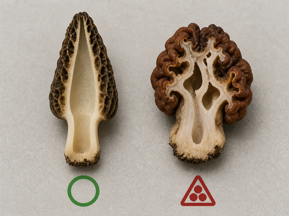 Pitted true morel beside a folded false morel with both interiors exposed
