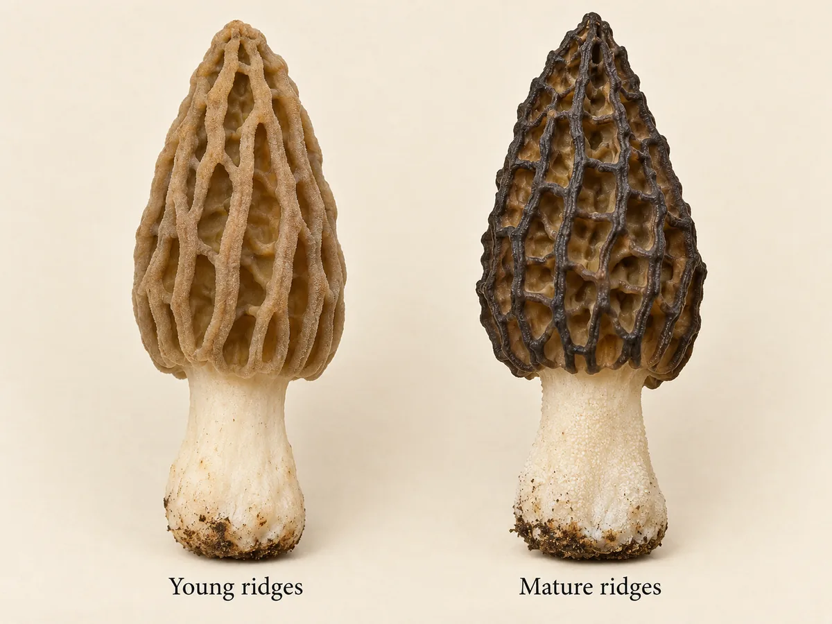 Young tan ridges and mature dark ridges on two illustrated eastern black morel caps