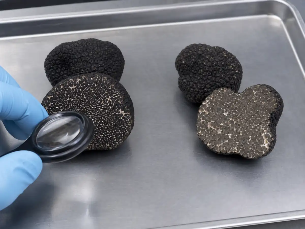 Similar black truffles with different cut interiors on an inspection tray