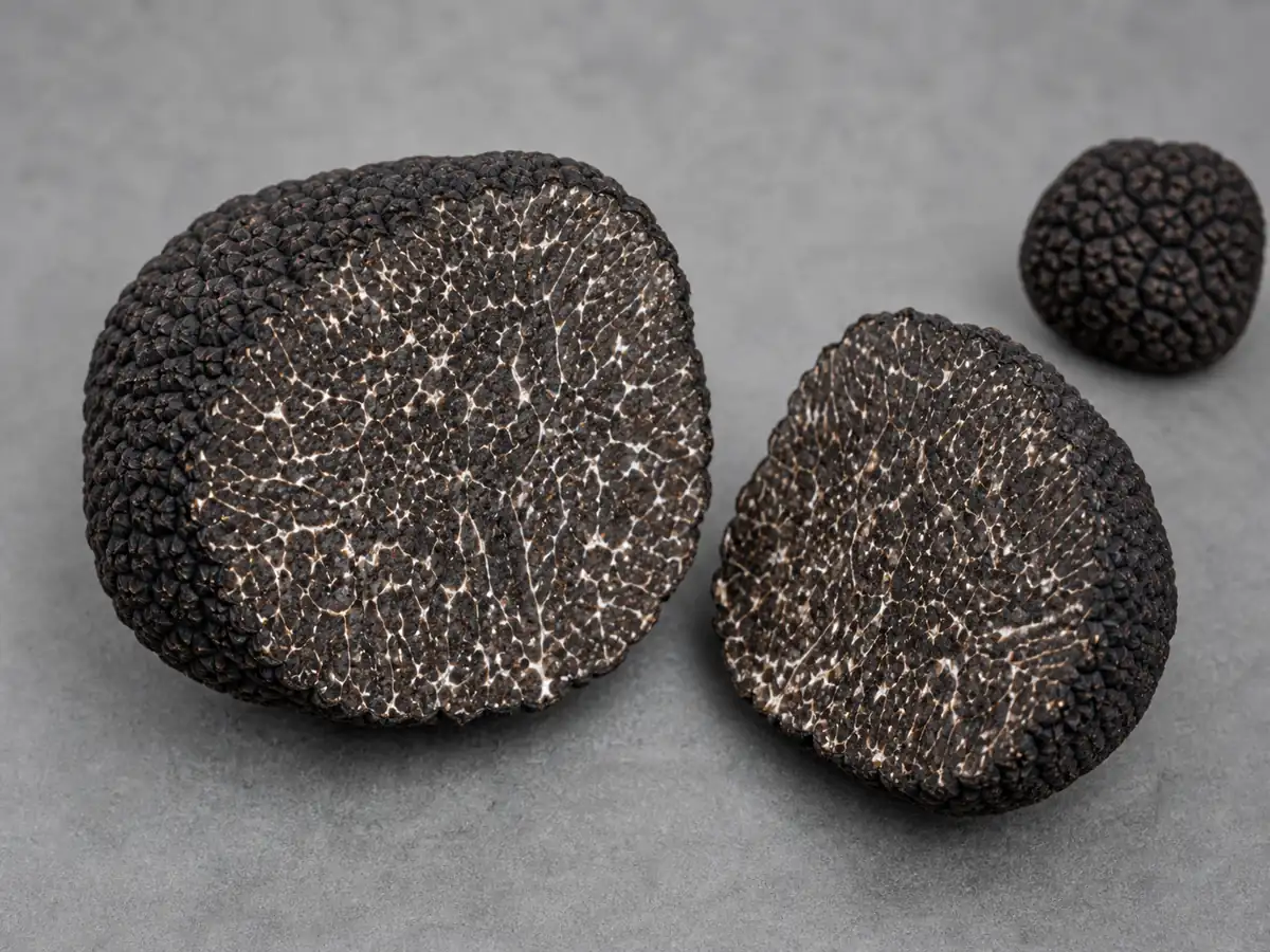 Cut Périgord black truffle showing a black warted rind and fine white veins