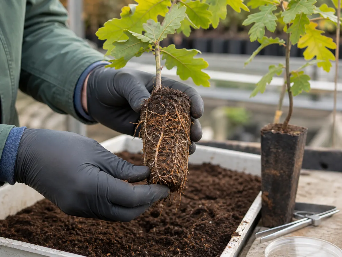 Nursery inspection of fine oak roots before a black truffle orchard is planted