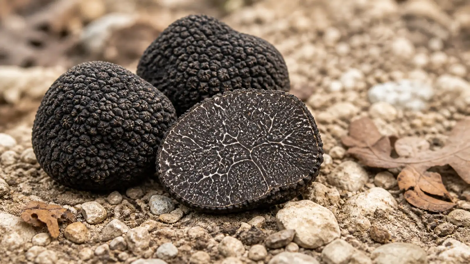 Cut Périgord black truffle with black polygonal warts and fine white veins - Black Truffle | KnowTheSpore