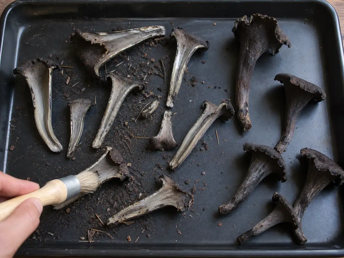 Split black trumpets being brushed clean on a tray