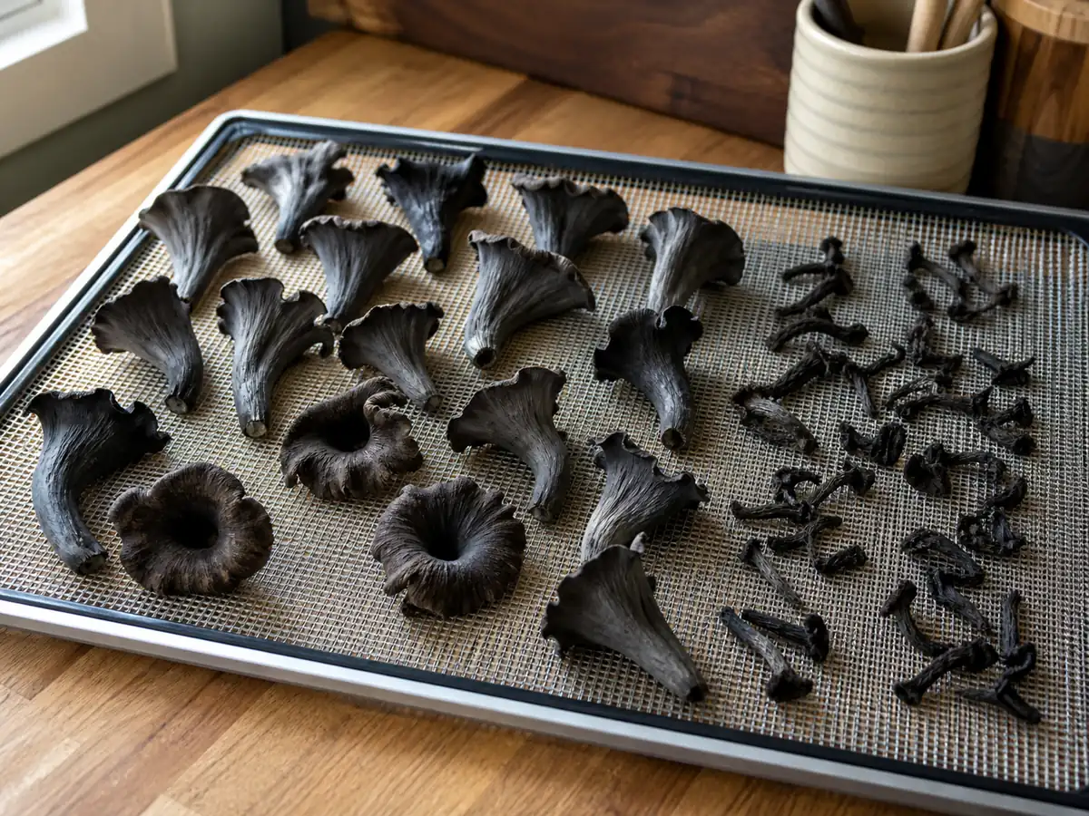 Fresh and fully dried black trumpets on a mesh tray