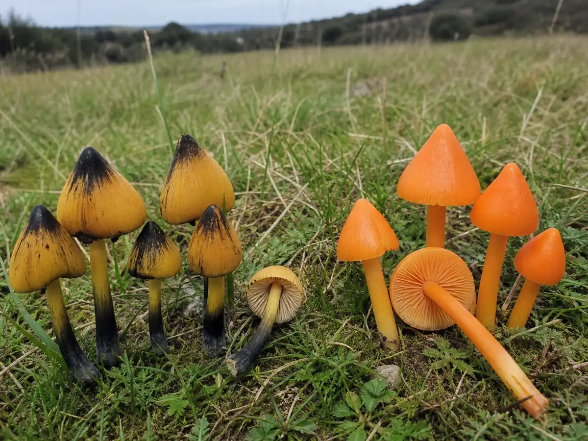 Blackening waxcaps beside non-blackening orange waxcaps