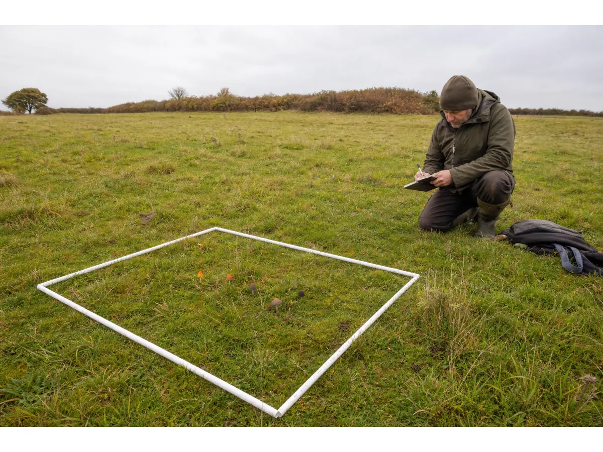 Mycologist recording blackening waxcaps inside a grassland quadrat