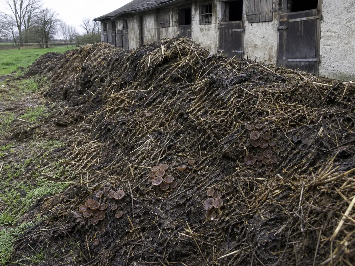 Blistered cup colonies along a manure and straw pile