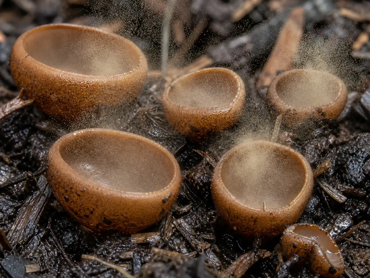 Pale spore clouds rising from mature blistered cups