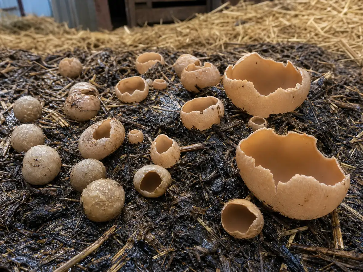 Closed blisters and mature Peziza vesiculosa cups