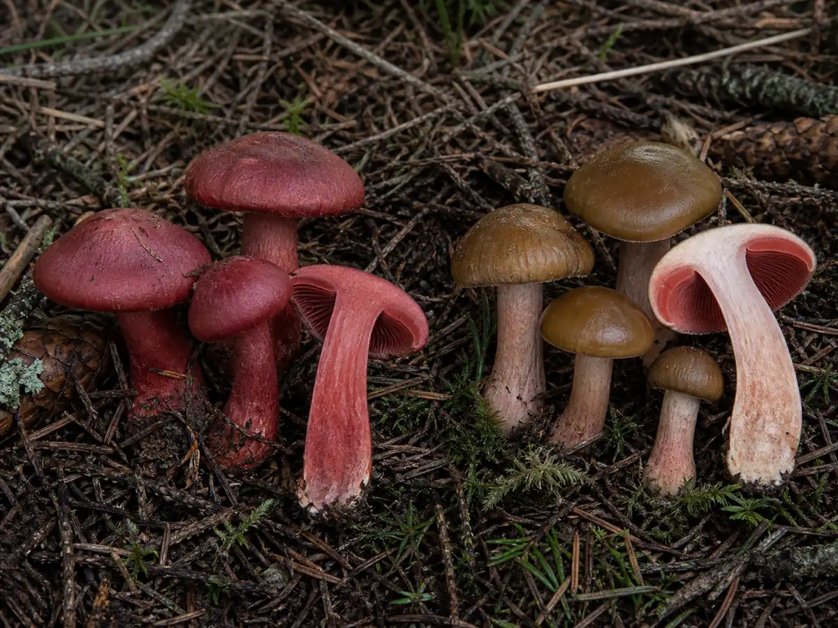 Blood-red webcap beside red-gilled brown-capped webcaps