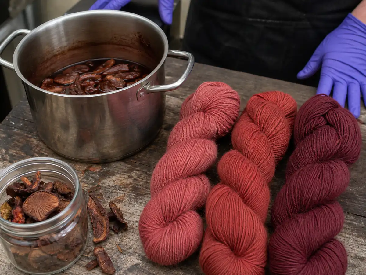 Wool dyed rose red and burgundy with red webcap pigments
