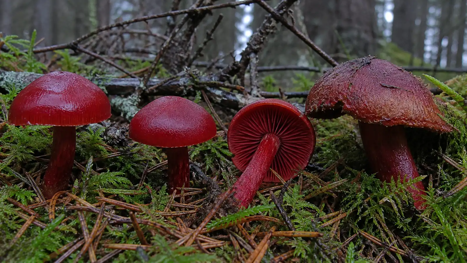 Blood-red webcap with red cap gills stem and cobwebby cortina in moss - Blood-Red Webcap | KnowTheSpore