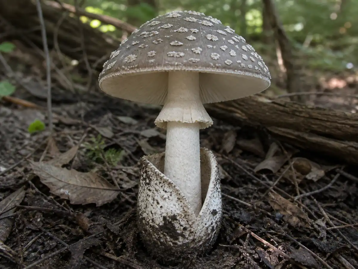 Ring veil patches and bootlike volva on a booted amanita