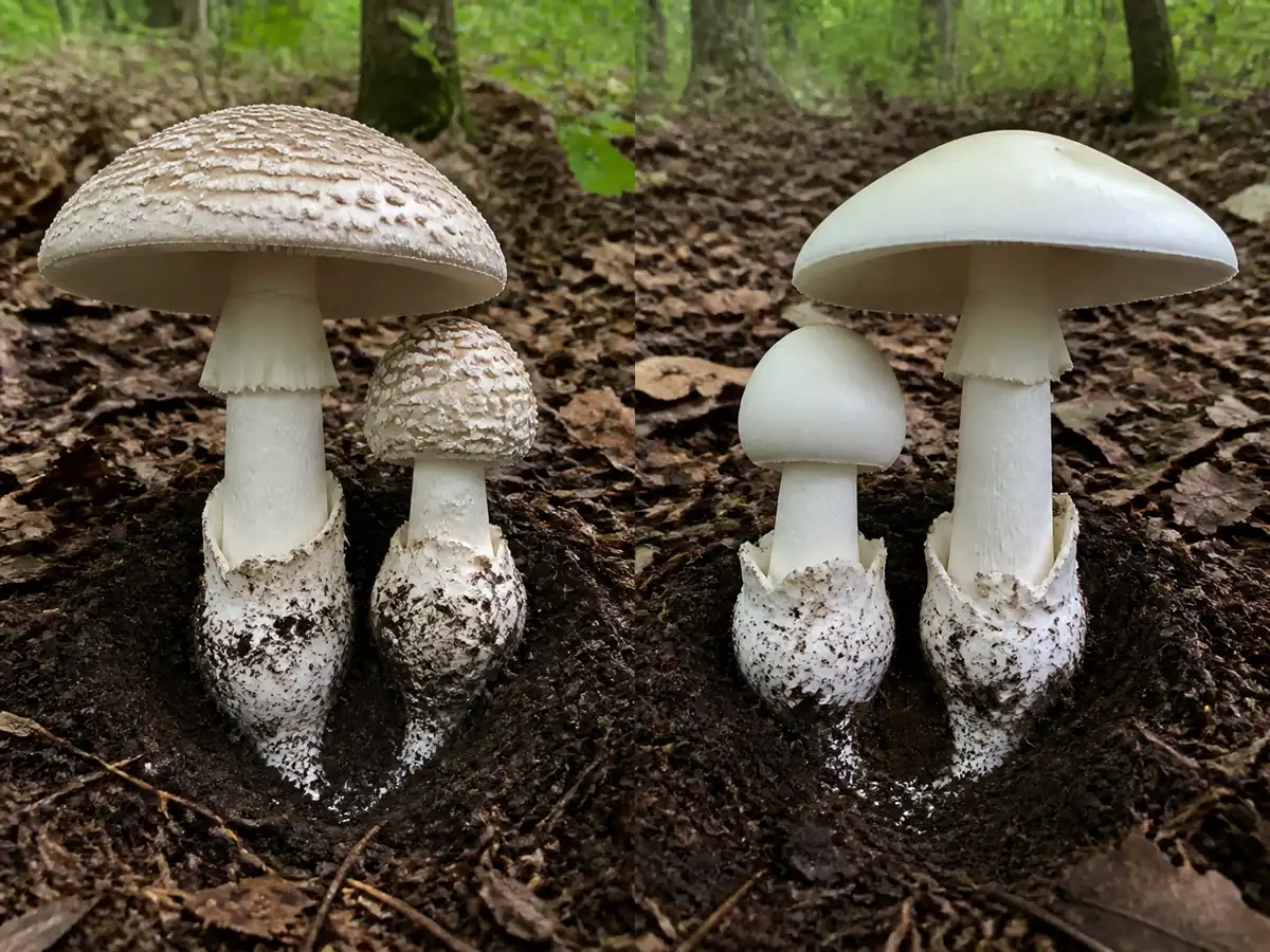 Booted amanita beside a smooth white destroying angel