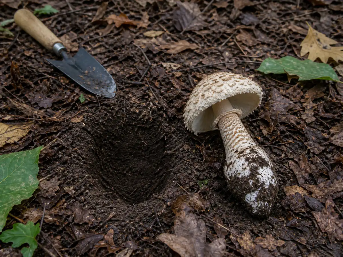 Excavated booted amanita with its full bulbous base