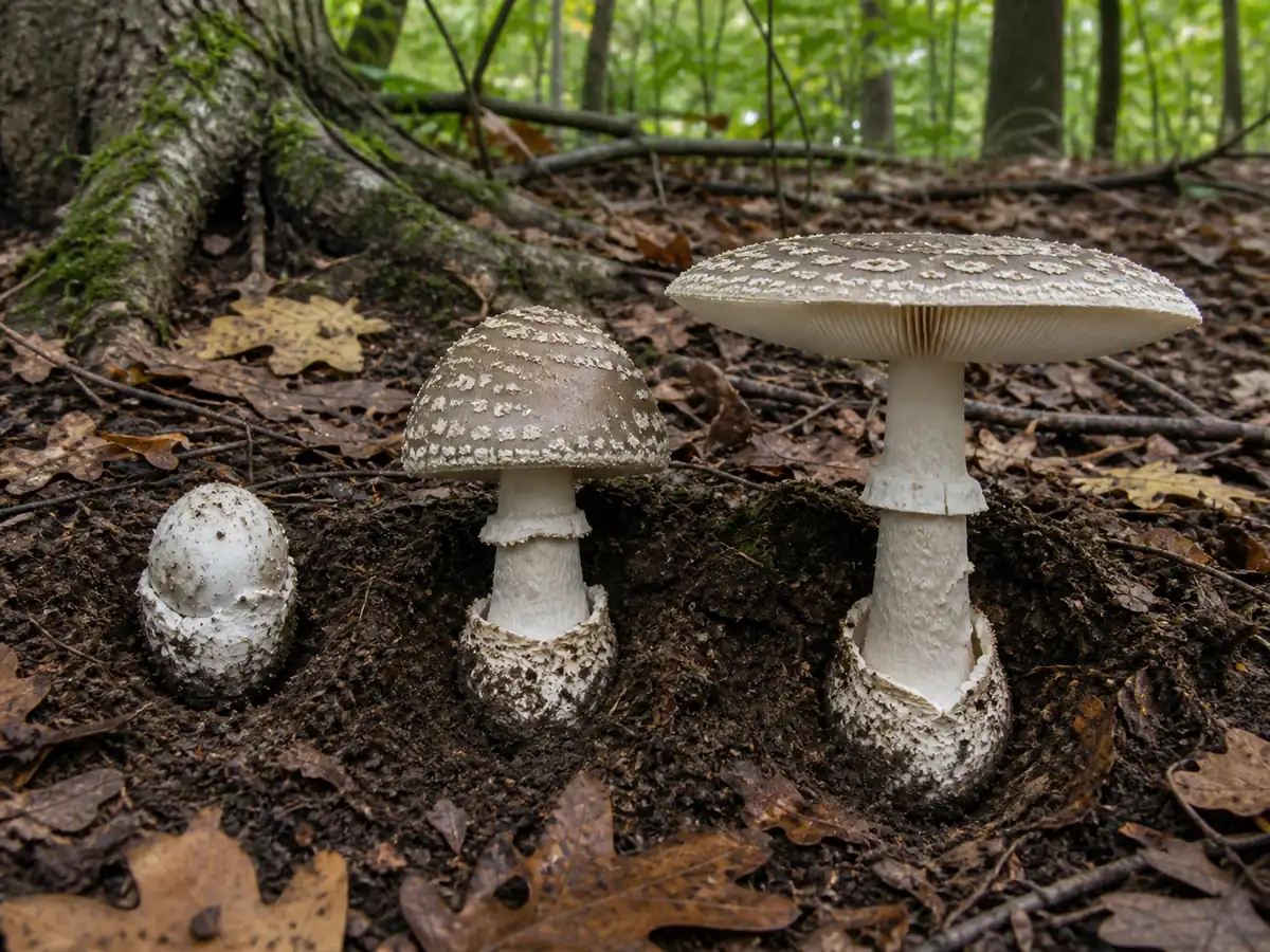 Button half-open and mature stages of booted amanita