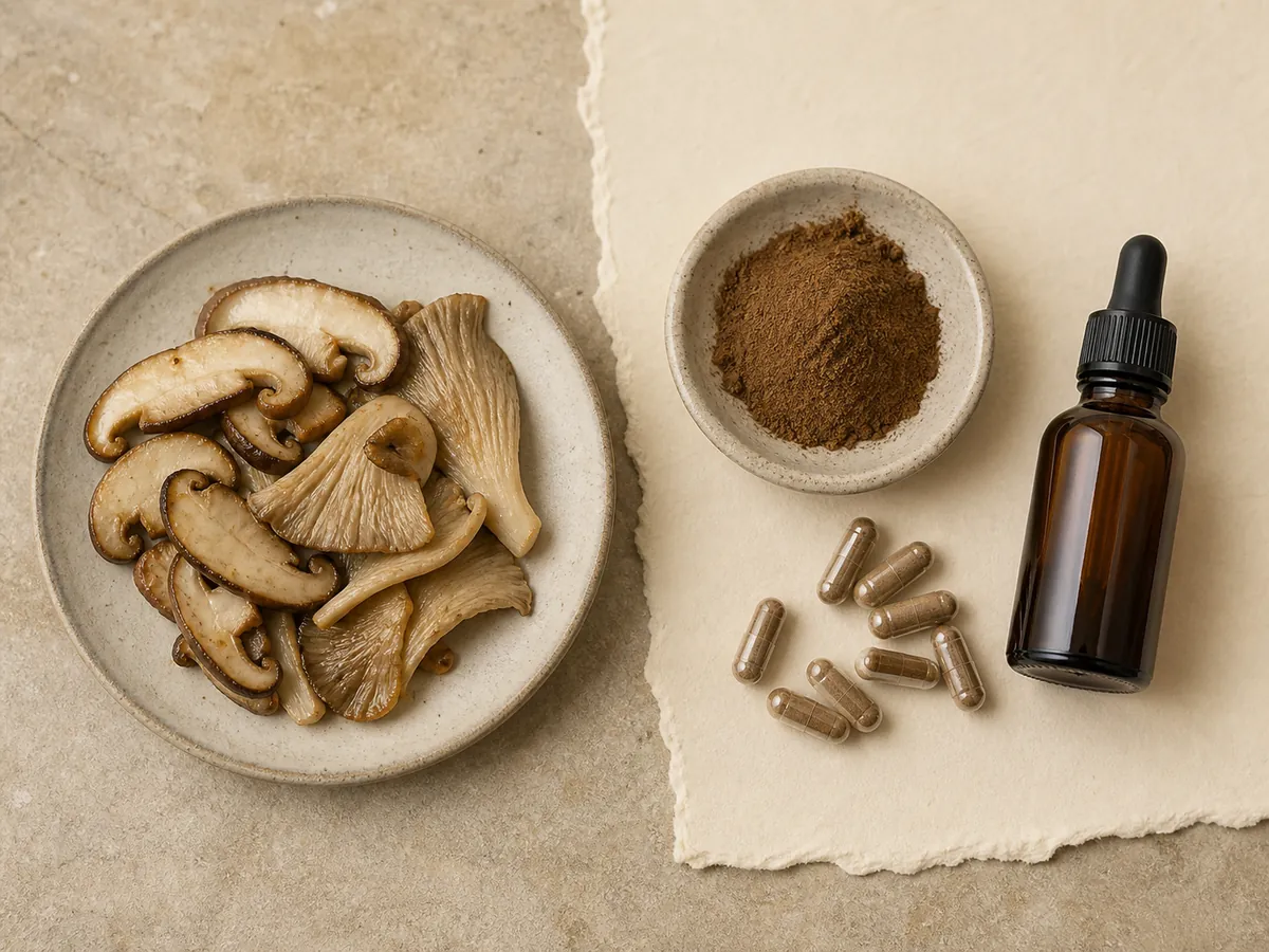 Cooked culinary mushrooms beside unbranded mushroom powder and capsules