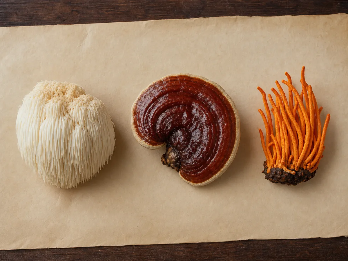 Lion's mane, reishi, and cordyceps specimens arranged separately for comparison