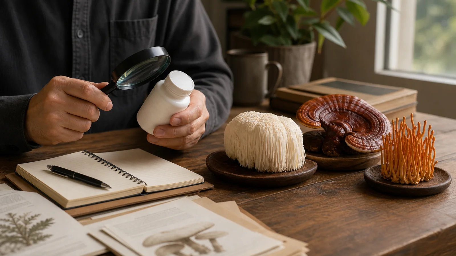 Reader comparing an unbranded supplement with lion's mane, reishi, and cordyceps - Mushrooms for brain health | KnowTheSpore