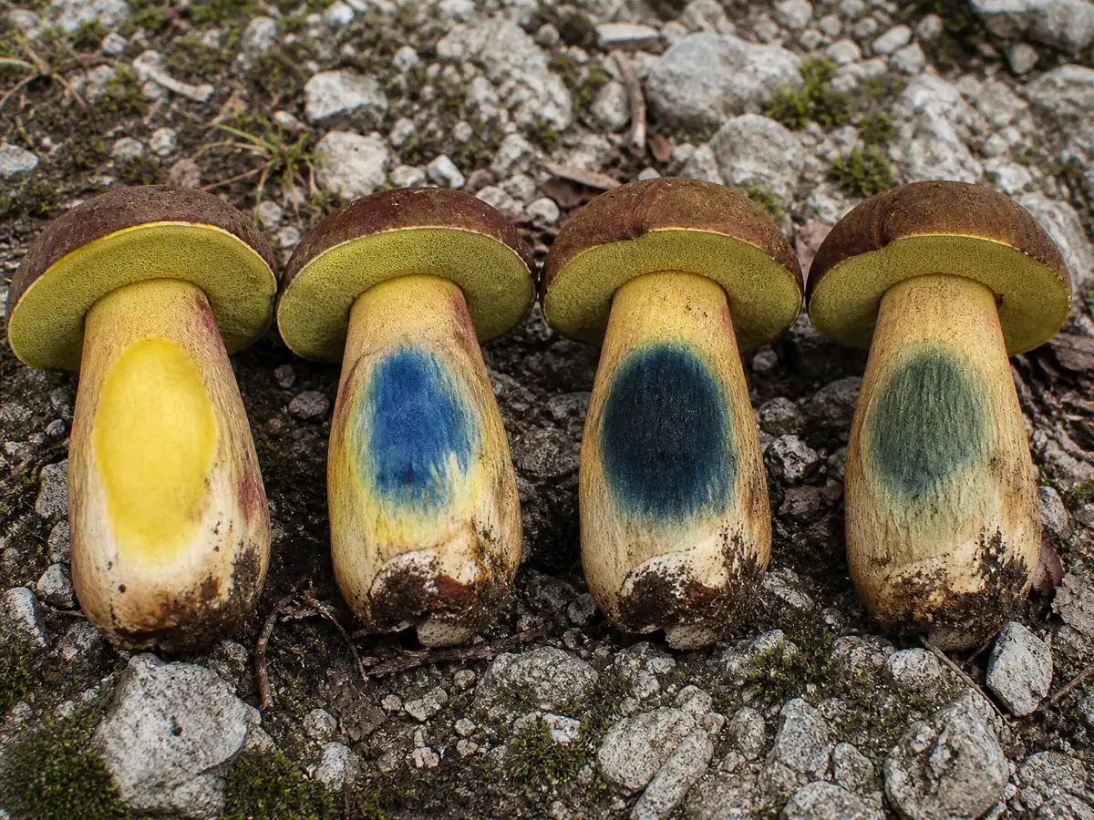 Brawny bolete tissue progressing through blue bruising