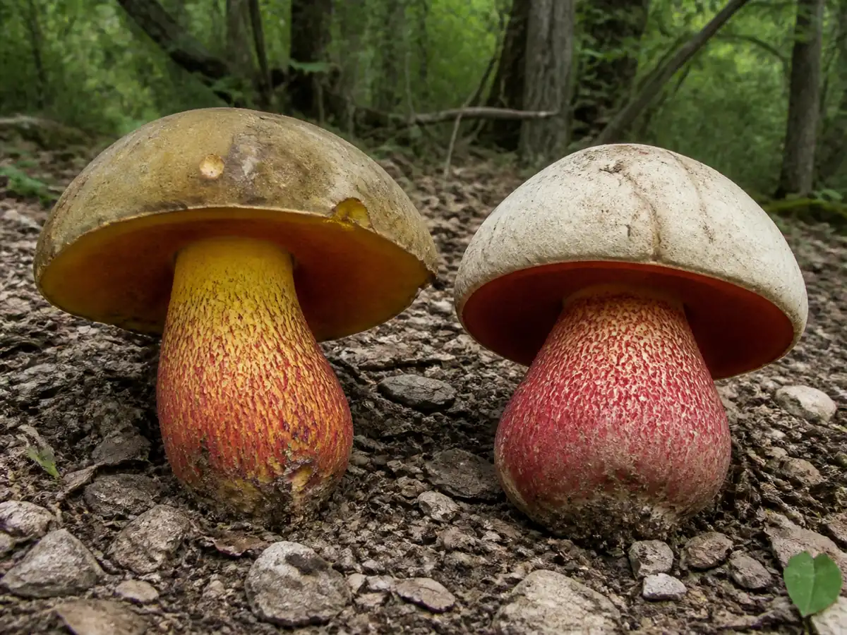 Brawny bolete beside a pale-capped red-pored bolete