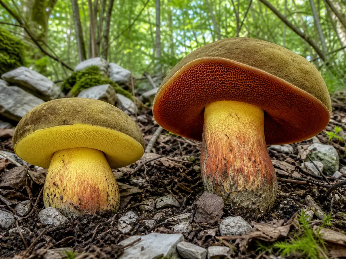 Young yellow and mature orange-red brawny bolete pores