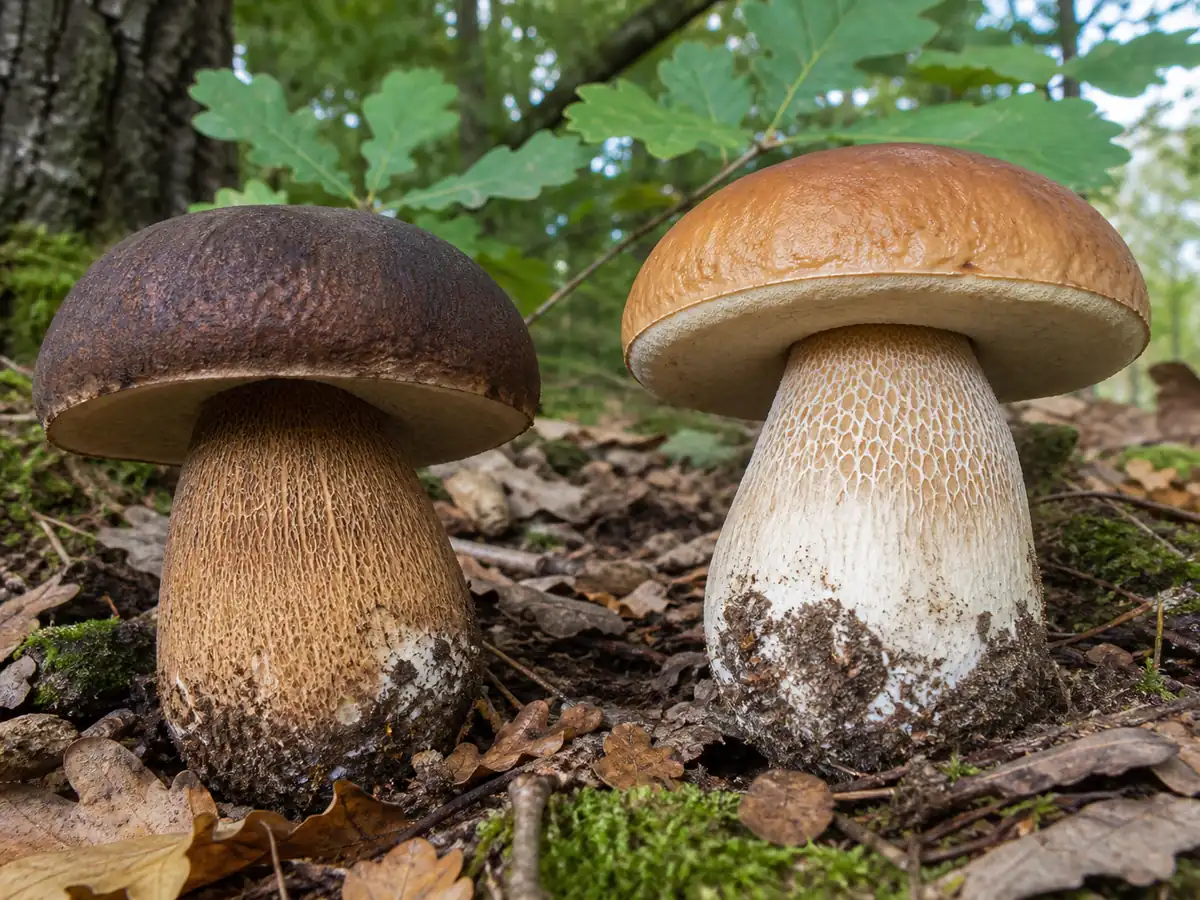Dark bronze bolete beside a paler porcini