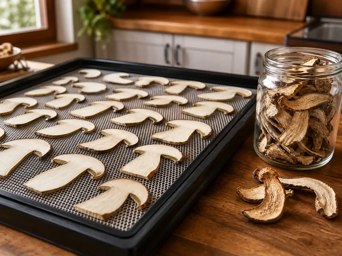 Bronze bolete slices drying on mesh beside a storage jar
