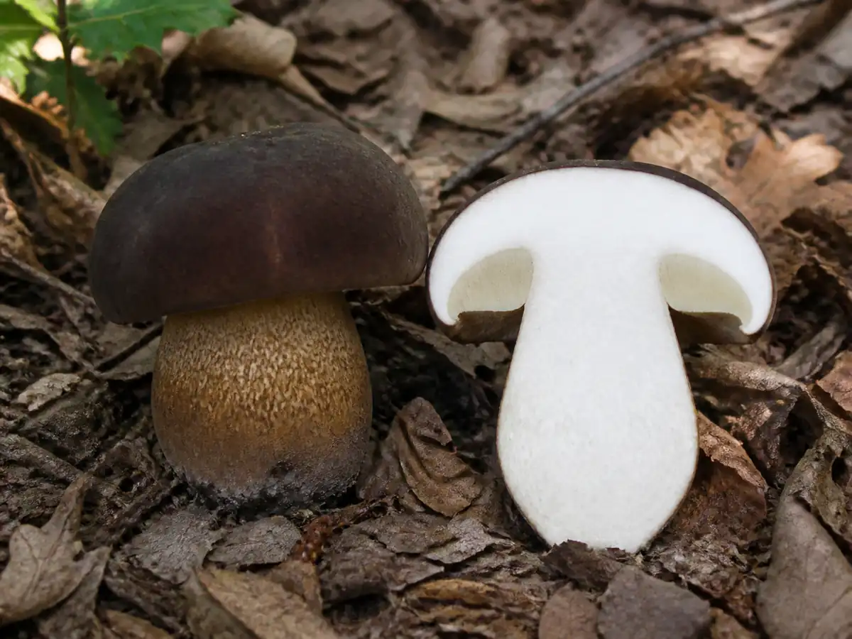 Unchanging white flesh in a sectioned bronze bolete