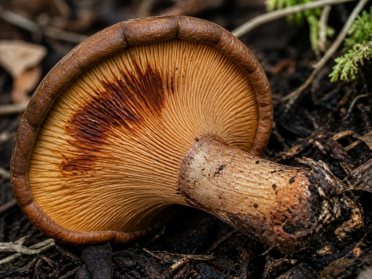 Underside of a mature brown roll-rim showing crowded descending gills and reddish brown handling marks