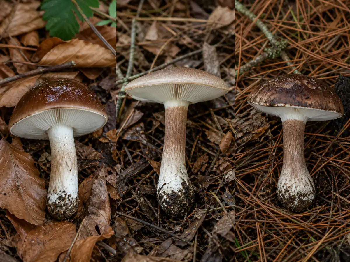 Three brown knight mushrooms shown with their host litter